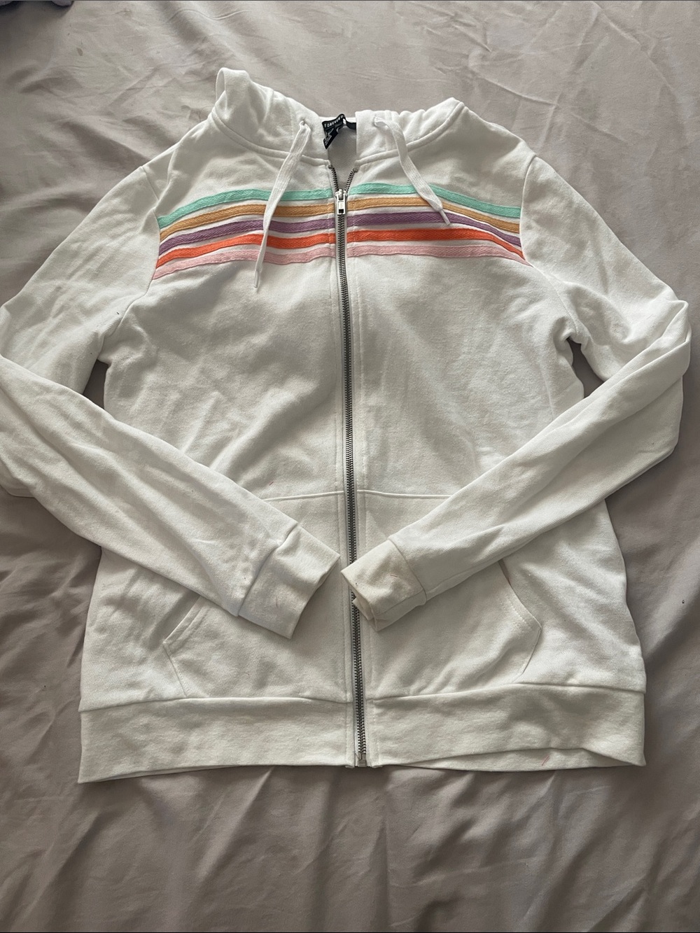 Forever 21 White Zip Hoodie with Pastel Rainbow Stripes